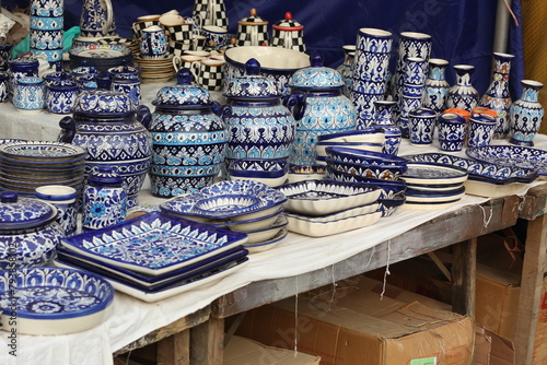Blue Pottery on crockery a traditional art of pottery in Multan, Pakistani handicrafts work at nasarpur town Sindh, Paksiatn
