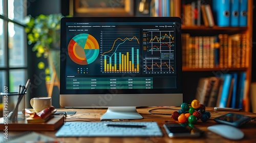 Create a high-resolution image of a PC monitor in an educational analyst's office, displaying vibrant charts and graphs of student test scores across various subjects. photo