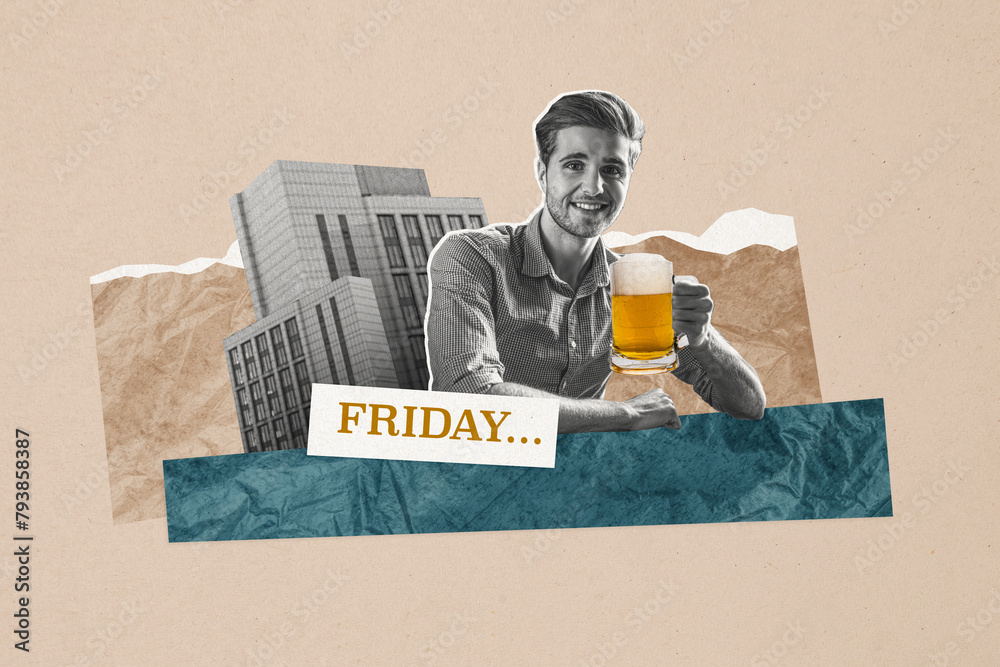 Composite photo collage of happy man hold big glass beer beverage friday relax occasion bar building enjoy isolated on painted background - obrazy, fototapety, plakaty 