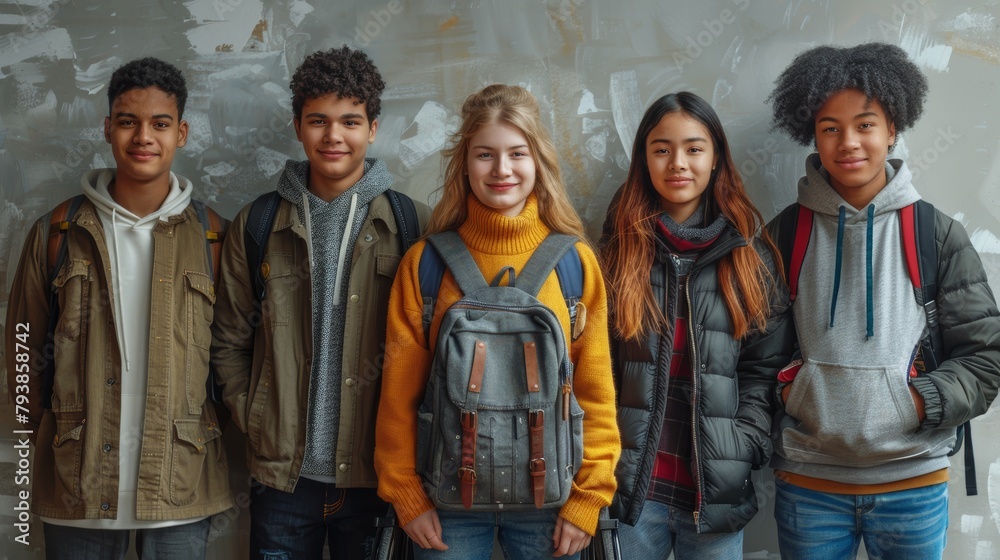 Five diverse schoolmates, clad in casual winter attire and backpacks, illuminating friendship and diversity within an academic setting.