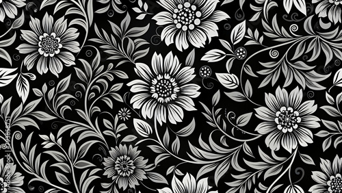 Black and white seamless floral wallpaper with vintage floral pattern design