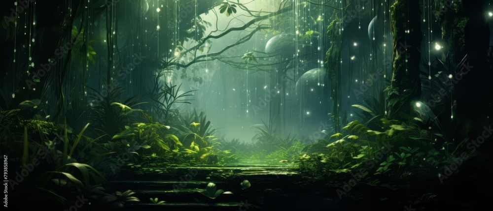 lush greenery with sparkling droplets, rainforest, surreal style