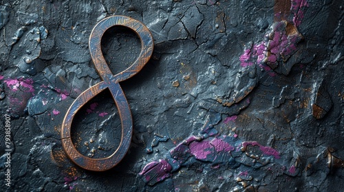 An artistic portrayal of the infinity symbol, representing gender equality on a cracked, textured backdrop with vivid paint splatters.