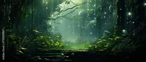 lush greenery with sparkling droplets, rainforest, surreal style
