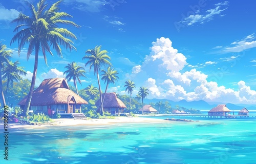 A tropical beach with palm trees and thatched huts, blue sky, a small island in the background, colorful anime style, dreamy, fantasy.