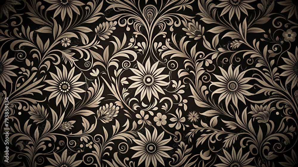 Black and white seamless floral wallpaper with vintage floral pattern design