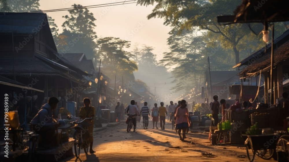 A diverse group of people, of various ages and backgrounds, strolling down a bustling urban street