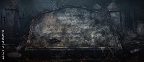 A detailed close-up of a weathered gravestone with ghostly inscriptions glowing, in photorealistic style