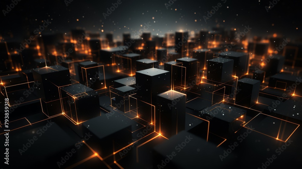 Abstract 3D geometric structures in dark tones with glowing tech elements, future modern theme Abstract 3D geometric structures in dark tones with glowing tech elements, future modern theme