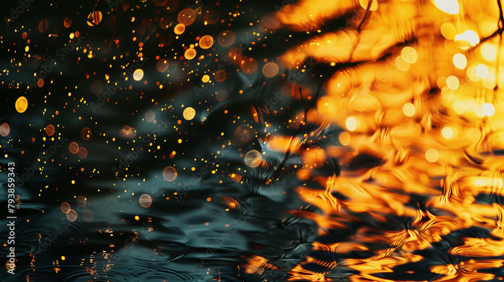 golden hour sun reflection in the water with sparkles and abstract deformations - obrazy, fototapety, plakaty 