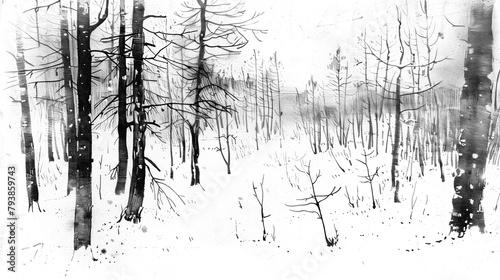 Illustration , black and white landscape, sketching forest,  horizontal poster