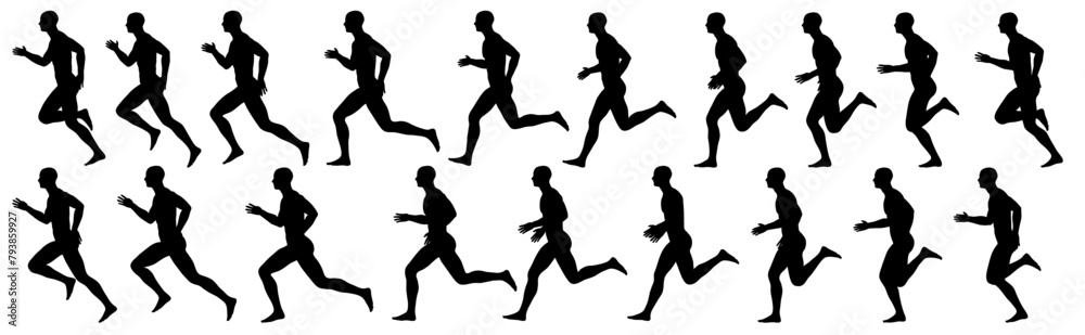 collection of different silhouette running movement of male character, isolated vector , transparent
