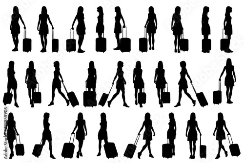 collection of different silhouette young female traveler character with suitcase or baggage , isolated vector for graphic resources