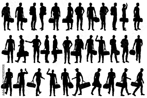 collection of different silhouette male traveler character with suitcase or baggage , isolated vector for graphic resources  © Tritons