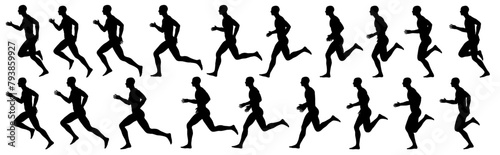 collection of different silhouette running movement of male character, isolated vector , transparent 