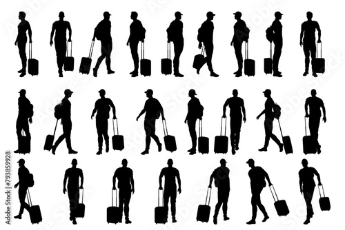 collection of different silhouette male traveler character with suitcase and backpack , isolated vector for graphic resources
