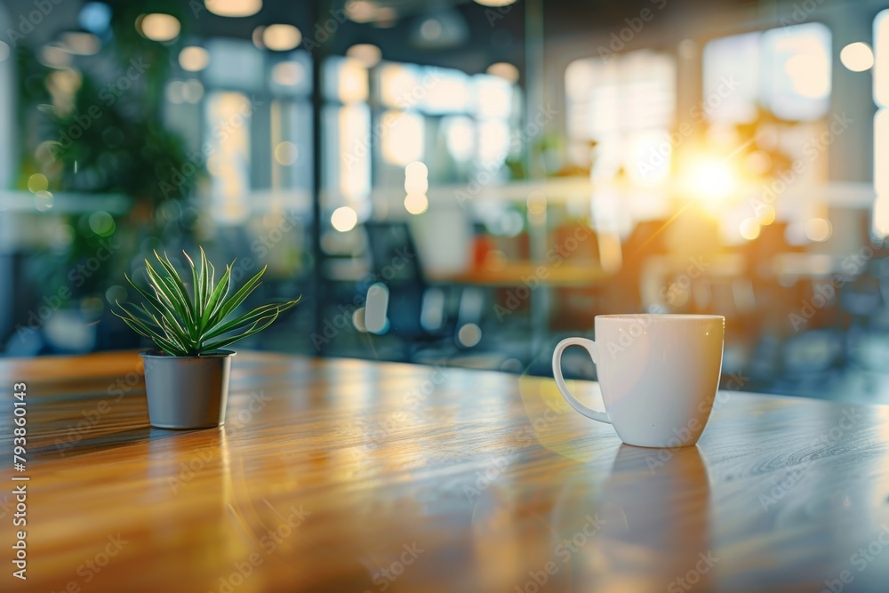 Fototapeta premium An inviting scene with a focused coffee mug and a green plant set on a wooden table in a softly lit workspace, suggesting a break time