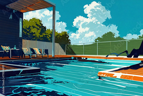 Summer pool vacation at sunny day. AI generated illustration in pop art style.