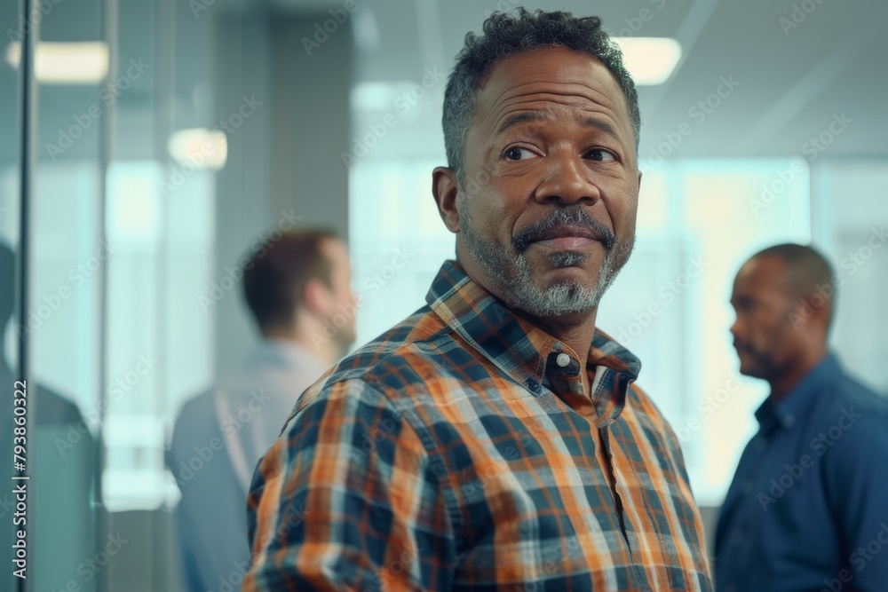 Obraz premium Confident middle-aged man with a plaid shirt in an office environment with colleagues blurred in the background
