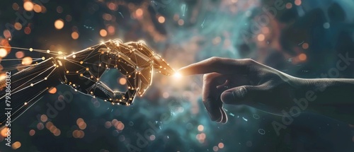 A human hand is about to touch the finger of a golden humanoid robot among a burst of particles photo