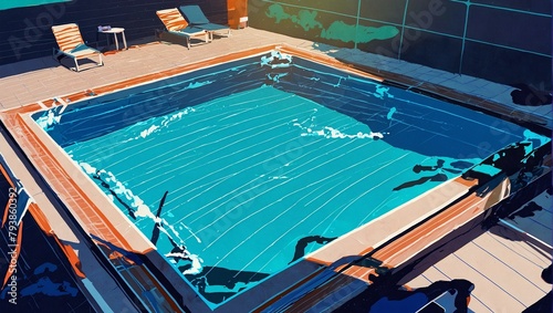 Summer pool vacation at sunny day. Summer relaxing and enjoyment concept with free copy space for text. AI generated illustration in pop art style.