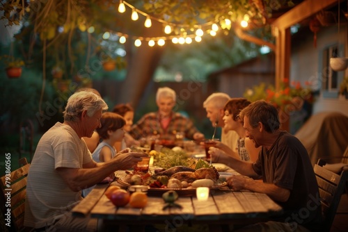 A family enjoying a festive outdoor dinner with warm lighting and a cozy atmosphere