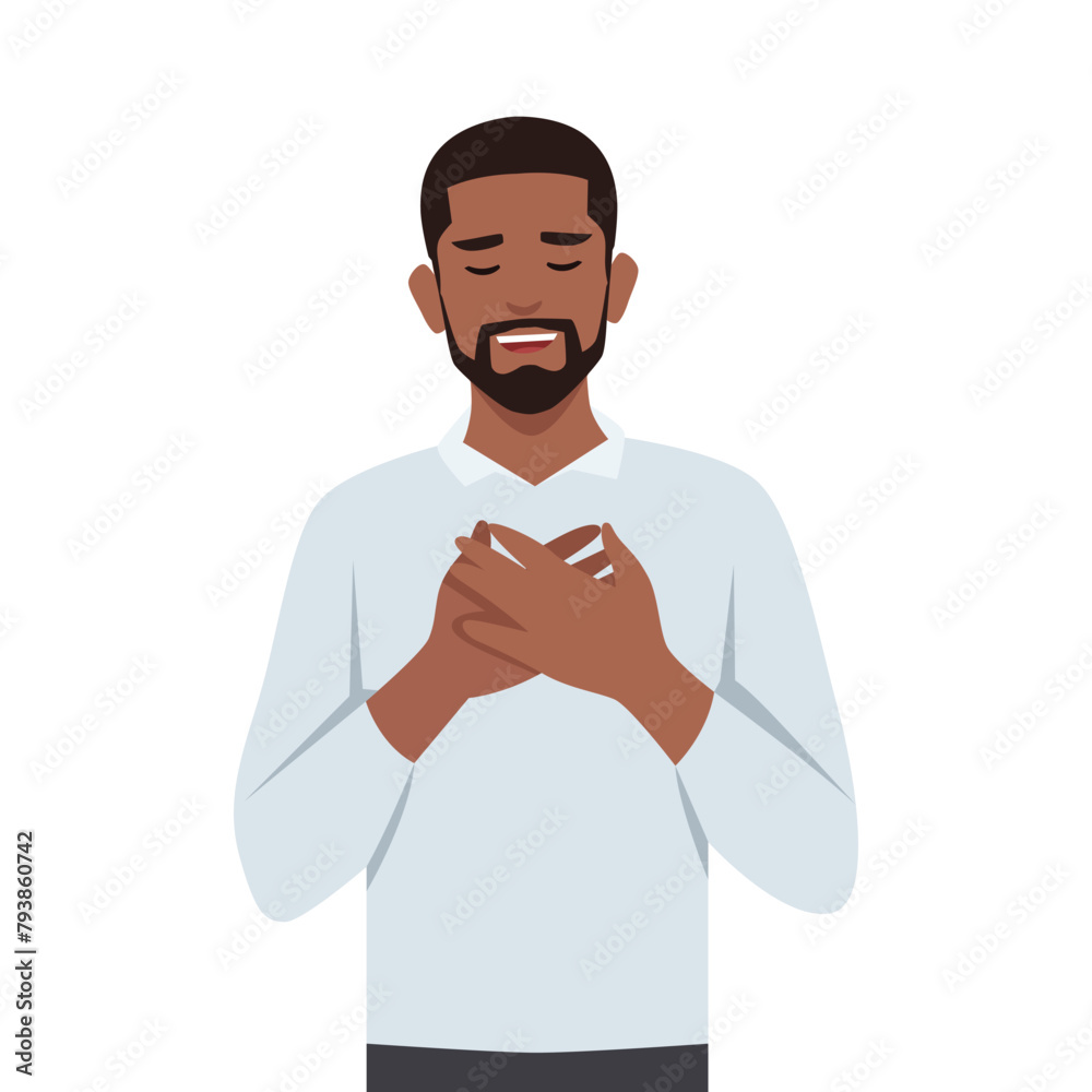 Young black man touched positive. Holds his hands on his chest, expressing gratitude. Flat vector illustration isolated on white background Young black man touched positive. Holds his hands on his chest, expressing gratitude. Flat vector illustration isolated on white background