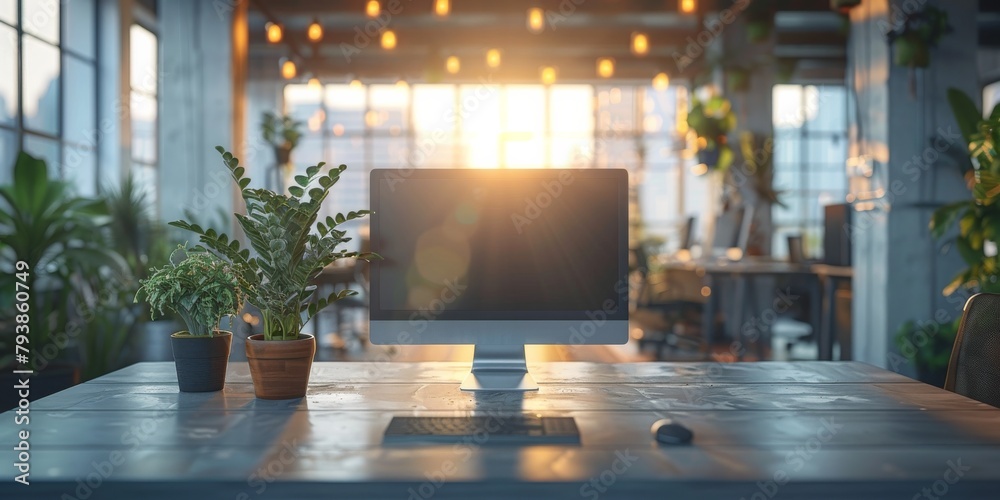 The warm glow of sunset creates a cozy atmosphere around the office desktop on the table The warm glow of sunset creates a cozy atmosphere around the office desktop on the table