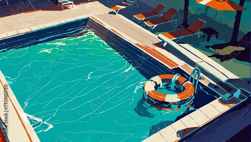 Summer pool vacation at sunny day. Summer relaxing and enjoyment concept with free copy space for text. AI generated illustration in pop art style.