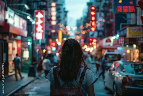 A solo traveler wanders a neon-lit street at dusk, exploring the urban landscape filled with shops and city lights