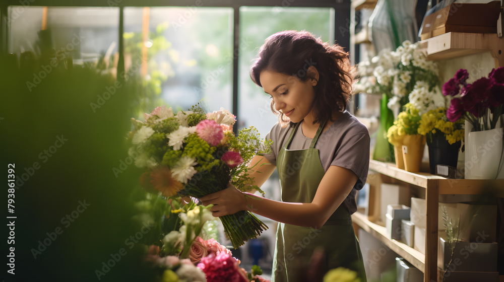 Small business. Male florist is unfocused in a flower shop. Floral design studio, making decorations and arrangements. Flowers delivery, creating order