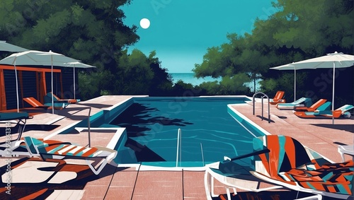 Summer pool vacation at sunny day. Summer relaxing and enjoyment concept with free copy space for text. AI generated illustration in pop art style.