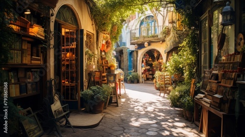 A magical alleyway lined with shelves overflowing with books, creating a whimsical and enchanting scene © Muhammad