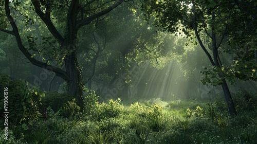 A serene forest scene with dappled light filtering through the canopy  creating a peaceful and naturalistic setting.