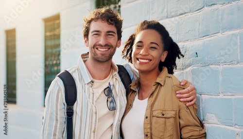 Smiling Interracial Couple on Vacation in Germany: City Wall Background