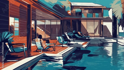 Summer pool vacation at sunny day. Summer relaxing and enjoyment concept with free copy space for text. AI generated illustration in pop art style.