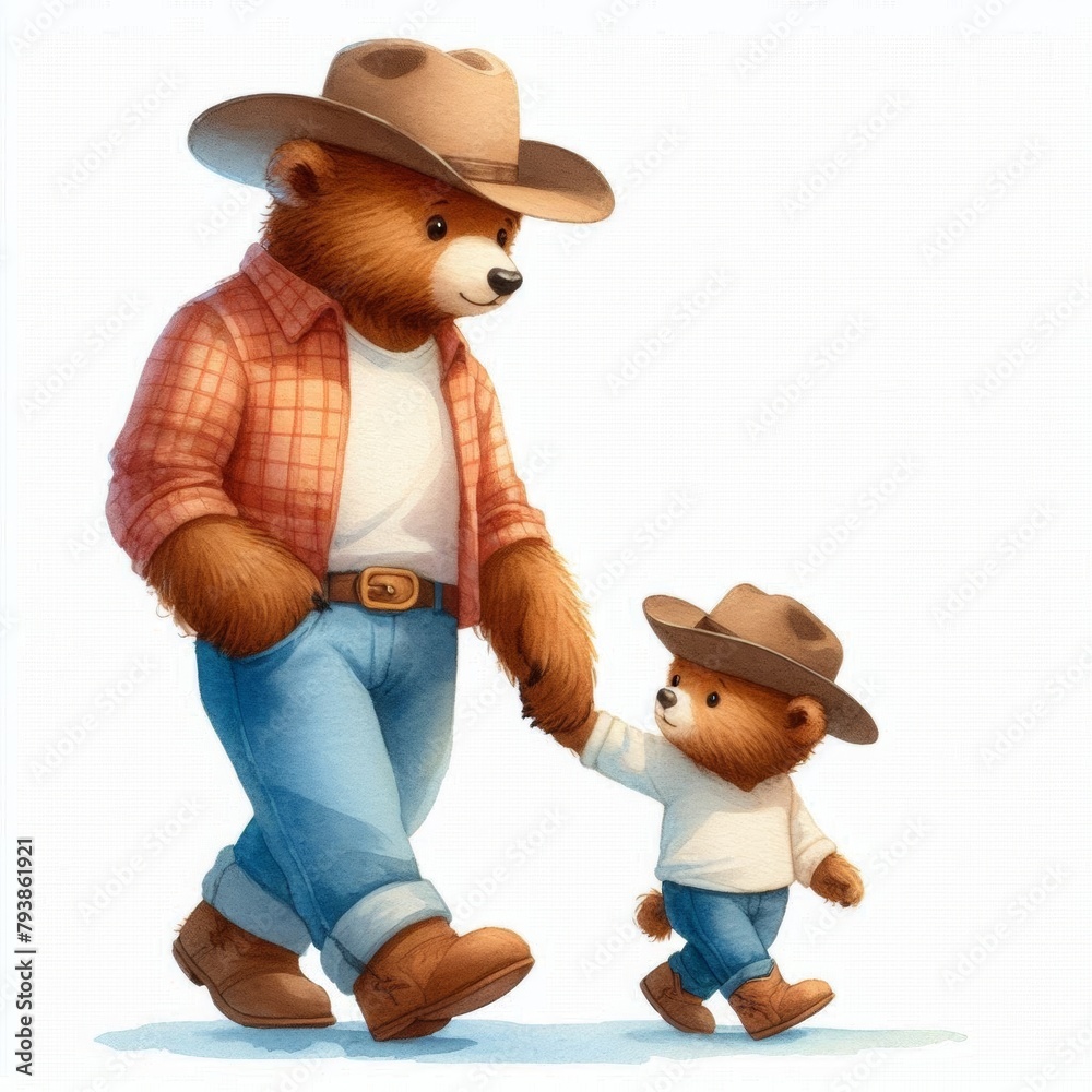 Fototapeta premium Bear Father and Son . Happy Father's Day Watercolor Clip Art. Greeting Postcard Art Cute Cartoon Character Drawing Illustration. For Dad and kids