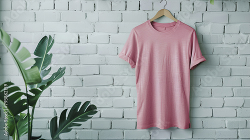 Pink t-shirt with short sleeves isolated on hanger, Top view pink color T-Shirt on grey background, Pink shirt dress on hanging isolated, Pink t-shirt on a wooden hanger isolated over white background photo
