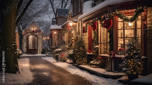 A snowy street adorned with festive Christmas decorations and glowing lights