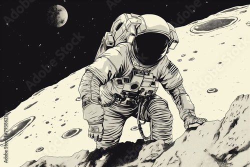 Detailed black and white illustration of an astronaut exploring the lunar surface in a space suit during a low gravity moonwalk mission. Surrounded by craters and rocks photo