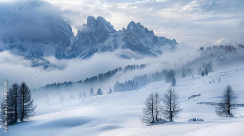 Foggy morning in the winter mountains. Dolomite Alps I © Cedar