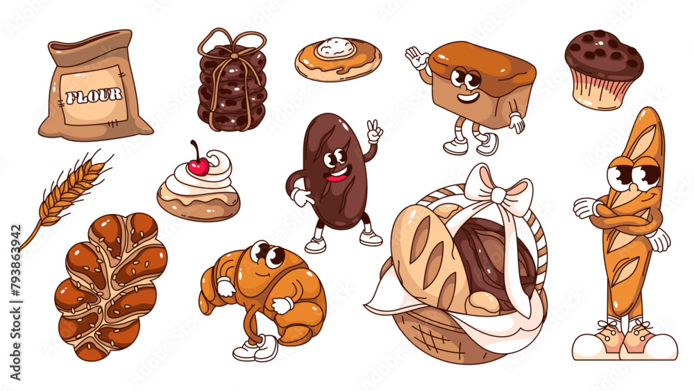 Groovy bread cartoon characters and bakery stickers set. Funny retro croissant, basket with bakers products, curd bun, muffin. Cartoon bread mascots collection of 70s 80s style vector illustration