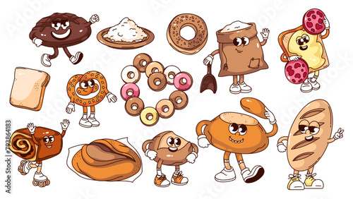 Groovy bread cartoon characters and bakery stickers set. Funny retro wheat and rye bread, flour bag, loaf and toast, breakfast rings. Cartoon mascots collection of 70s 80s style vector illustration