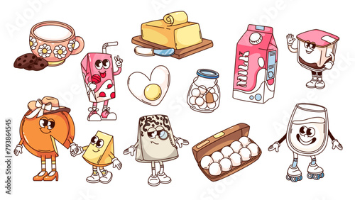 Groovy cartoon dairy characters and stickers set. Funny retro family cheese and milk glass, fried and fresh eggs, butter bar. Cartoon dairy mascots collection of 70s 80s style vector illustration