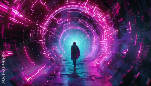A dark figure walking through a glowing pink and blue tunnel.