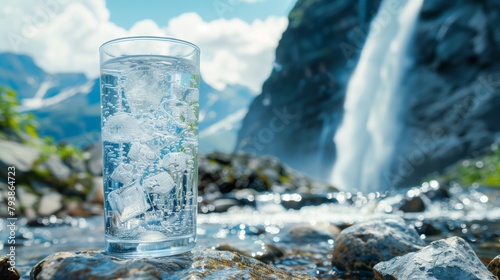 Carbonated glass of water in mountain waterfall background