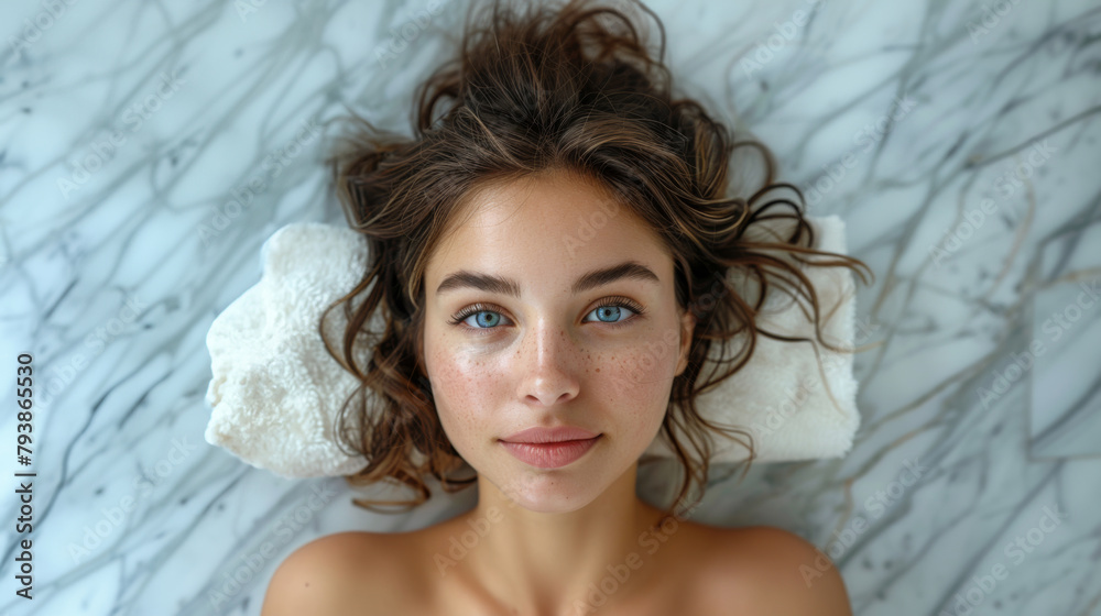 Serene Young Woman Lying on Marble Surface With Cloud-Shaped Pillow Serene Young Woman Lying on Marble Surface With Cloud-Shaped Pillow