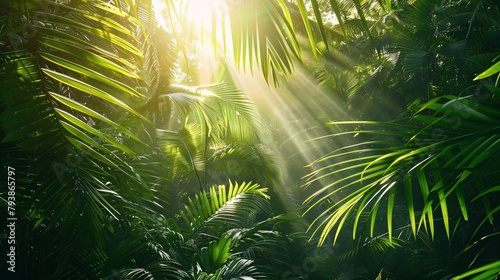 Sun rays shining through the leaves of palm trees in tropical forest.