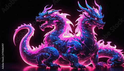 dragon pink neon light glowing statue on plain black background from Generative AI