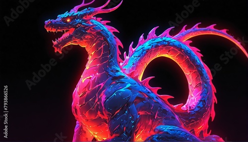 dragon red neon light glowing statue on plain black background from Generative AI